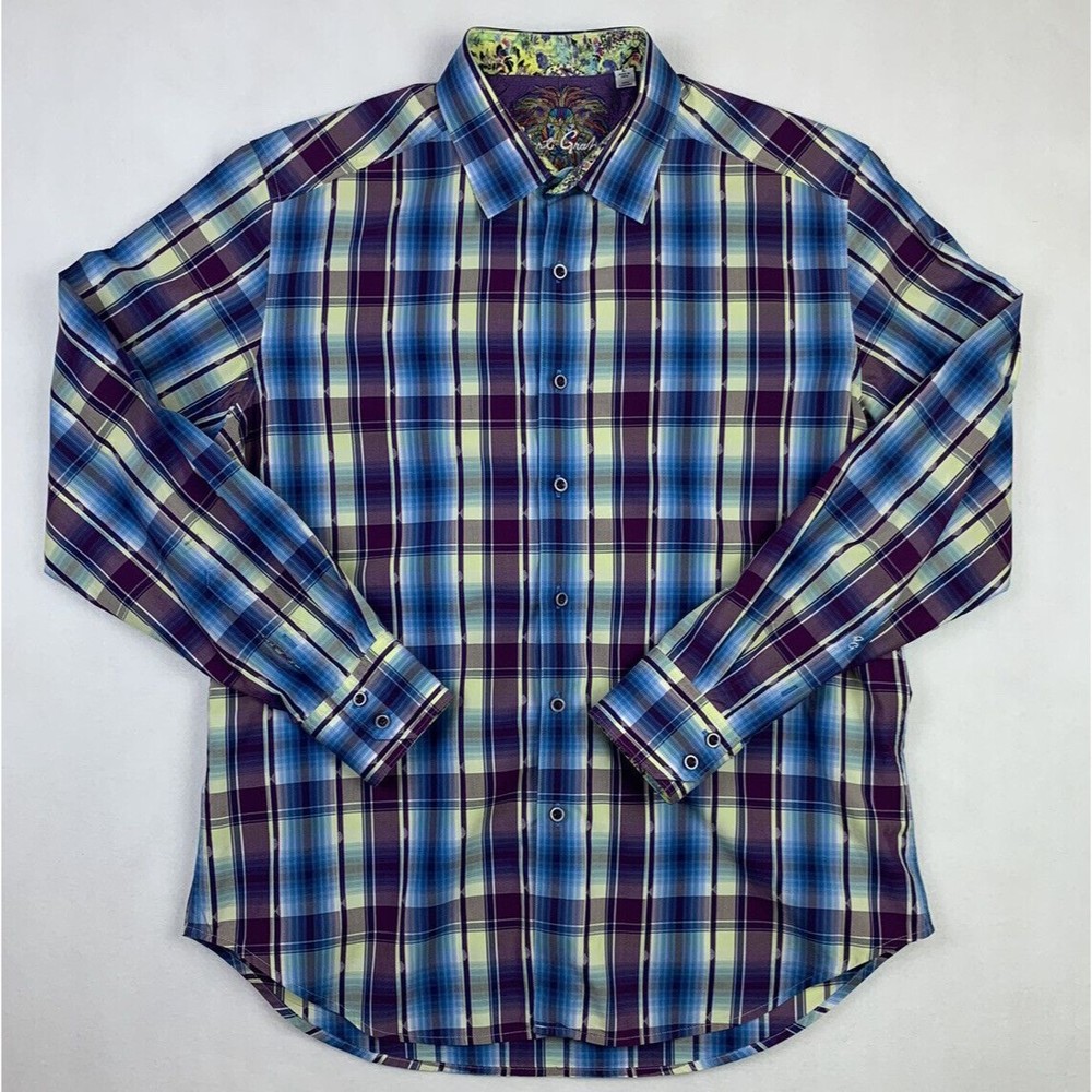 Robert Graham Men L Plaid Floral Flip Cuff Cotton Classic Fit Long Sleeve Button